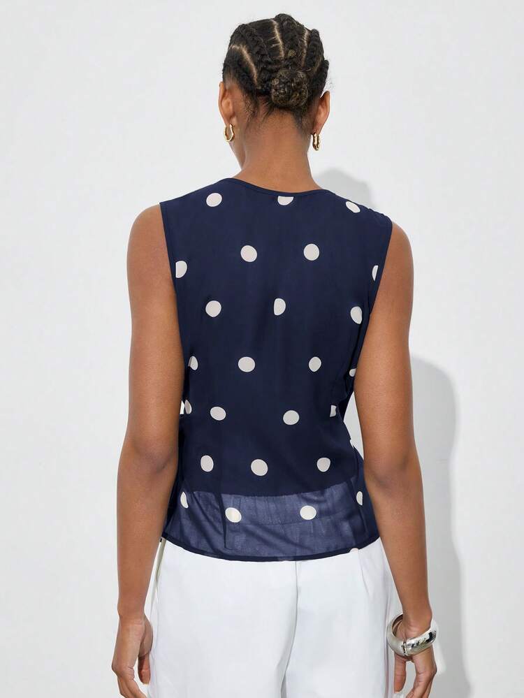 SHEIN Maija Women's Contrast Polka Dot Print V-Neck Sleeveless Top,Summer Top