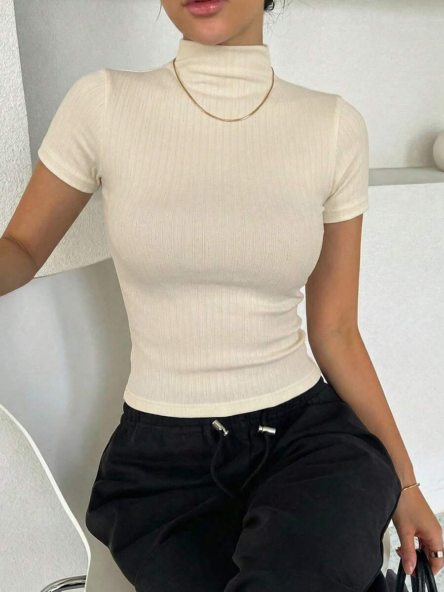 DAZY Women's Solid Color Ribbed Stand Collar Fitted Short Sleeve Top - Apricot - View 1