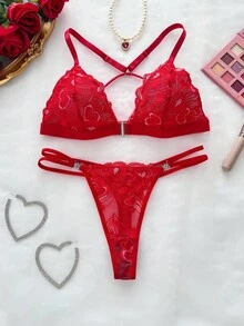 Women's Sexy Heart Lace Lingerie Set Without Padding - Pink - View 6