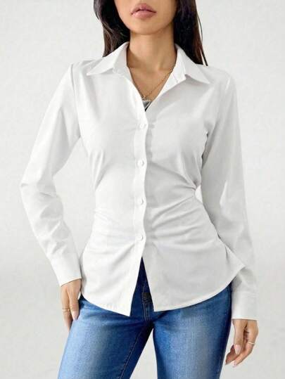 Sparklyn Teen Girls' Solid Color Long Sleeve Single-Breasted Pleated Casual Shirt Fall Winter