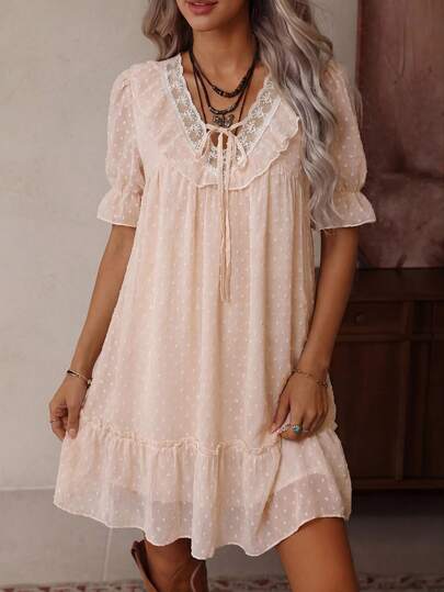 LanaWest 女士夏季新款杏色、浅黄色、黄色蕾丝拼接雪纺提花纹理V领系带蝴蝶结短袖荷叶边下摆弹性袖口宽松复古西部波西米亚休闲度假百搭短裙