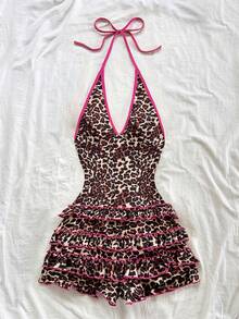 Soleia Bộ jumpsuit cỡ lớn in họa tiết da báo cổ điển màu đỏ, cổ chữ V buộc dây, viền bèo nhún, thích hợp cho kỳ nghỉ, lễ hội âm nhạc, trang phục mùa hè phong cách bohemian. - Màu Hồng Tươi - Xem 6