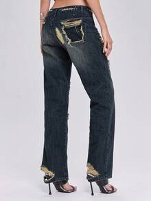 ROMWE Quần jeans ống côn phong cách Punk Y2K cổ điển, rách rưới, phối ren và đinh tán. - Màu xanh lam - Xem 7