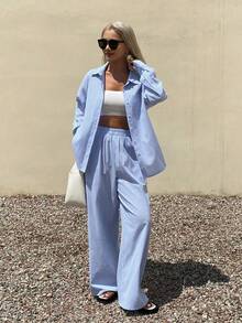 DAZY Spring & Summer Fashion Striped Casual Suit For Women, New Minimalist Design Lapel Long Sleeve Shirt And Loose Pants 2-Piece Set - Blue - View 3
