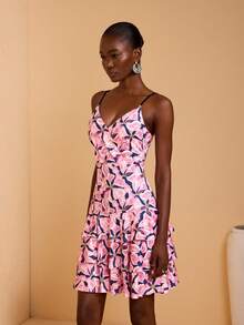 JIAN LASALA Floral Print Spaghetti Strap V Neck Sleeveless Bodycon Women Dress Spring Summer Beach - Pink - View 3