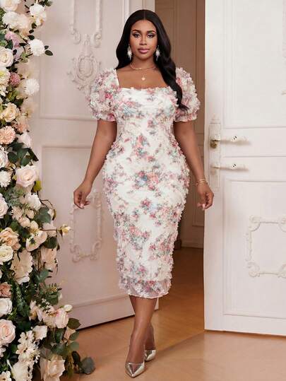 SHEIN Lady 大码女士优雅束腰花卉装饰派对连衣裙