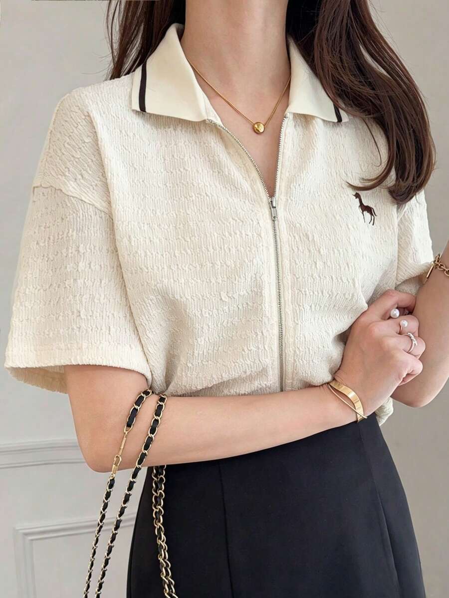 FRIFUL 女士休闲前拉链短袖T恤，夏季 - 杏色 - 查看 1