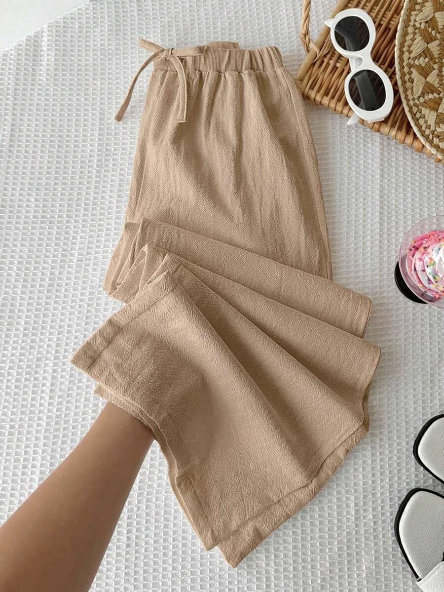 SHEIN Tween Girls Casual Comfortable Mid-Waist Straight Leg Pants, Khaki - Camel - View 1