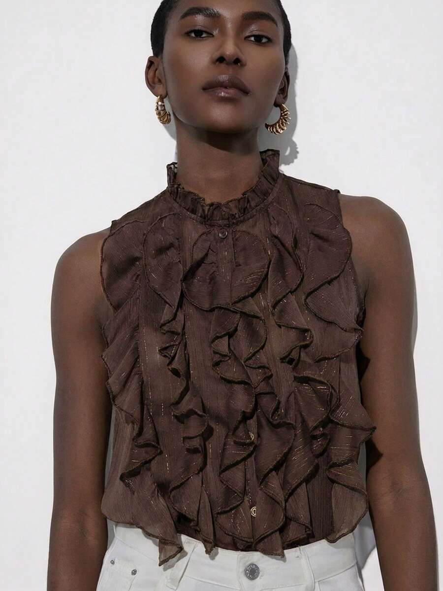 Aveloria Modichic Olive Green Sleeveless Layered Ruffle Collar Blouse, Metallic Chiffon Elegant Versatile Casual Commute, Vintage French Romantic - Coffee Brown - View 1