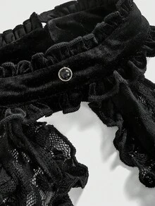 ROMWE Goth 哥特浪漫优雅立领丝绒蕾丝荷叶边拼接系带腰身加大码女装连衣裙 - 黑色 - 查看 3