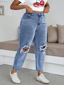Dripcurv Plus Size Women Pocket Button Distressed Casual Versatile Daily Wear Denim Jeans - Light Wash - View 5