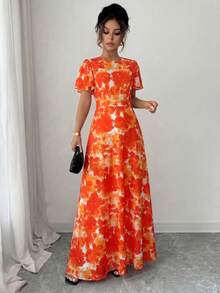 Elenzga Gaun Wanita Elegan Romantis dengan Motif Bunga Tanpa Posisi, Lengan Berkerut, Leher Bulat, Pinggang Diikat, dan Cetakan Digital - MultiWarna - View 4
