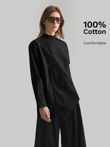 Ontre 2026春夏新款黑色裹身式纯色立领长袖简约不规则剪裁休闲衬衫，适合夏季休闲、都市、简约时尚、通勤、优雅简约风、教师节着装 - 黑色 - 查看 6