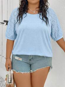 SHEIN CURVE+ Atasan Wanita Ukuran Besar dengan Kombinasi Bahan Berbeda, Kaos Putih - Baby Blue - View 4