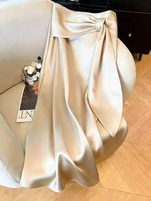 SHEIN Holidaya Women's Champagne Satin High Waist Maxi Skirt, Bow Tie Waist A-Line Flowy Long Skirt, Elegant Formal Skirt For Wedding Guest Party Dinner - Apricot - View 6