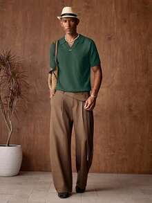 AKNOTIC Business Casual 男士素色短袖針織上衣，度假風，父親節禮物 - 橄欖綠 - 查看 6
