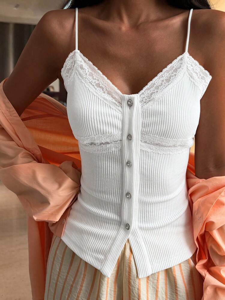 Women's Solid Color Contrast Lace Single-Breasted Ribbed Camisole