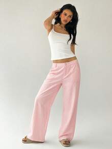 2026 Summer Casual Solid Pink Loose Low-Waist Wide-Leg Pants - Pink - View 3