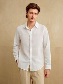 MENRIVO Men White Linen Casual Solid Color Plain Front Button Long Sleeve Collar Shirt,For Going Out, For Fall - White - View 5