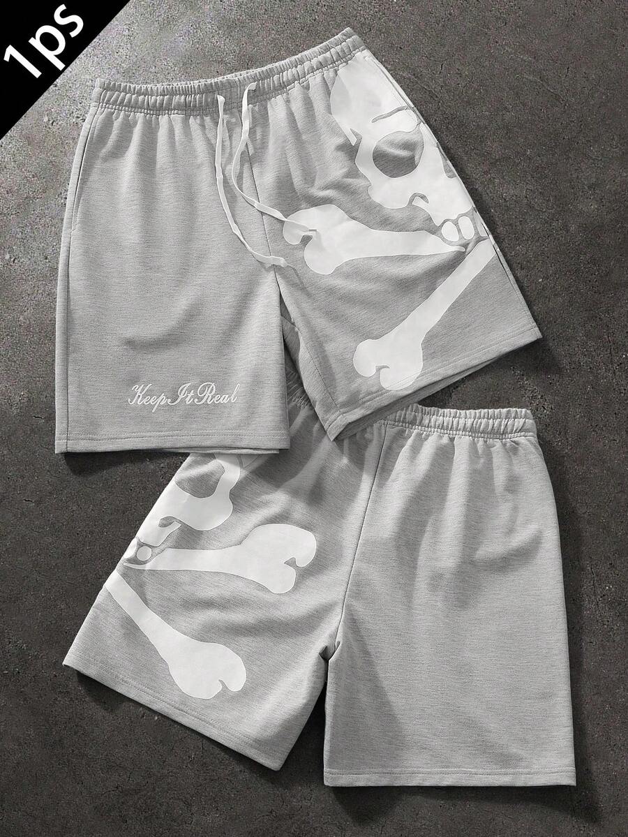 PAVTROS Pantalones cortos con estampado de calavera, estampado de letras, cordón, cintura elástica, estilo urbano para hombres - Gris - Ver 1