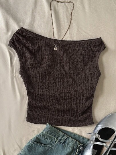 Áo tank top dệt kim màu nâu trơn, kiểu dáng thời trang thường ngày cho bé gái tuổi teen, thiết kế bất đối xứng, chất liệu vải sần.