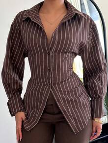 LHSEPT 女士优雅条纹纽扣式收腰衬衫，返校老师，女士秋季服装，秋季上衣，棕色衬衫，棕色上衣 - 彩色 - 查看 5