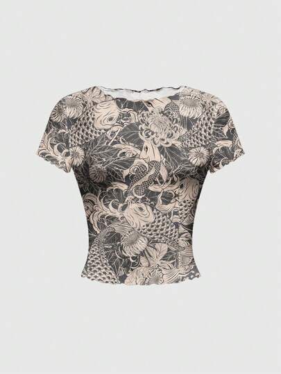 ROMWE Avant Áo lưới tay ngắn gợi cảm kiểu Trung Quốc mới, họa tiết cá vàng và hoa cúc, in hình thư pháp, dành cho nữ, thích hợp cho các lễ hội âm nhạc.