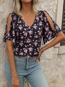 SHEIN Clasi 夏季女士休闲露肩印花衬衫 - 黑色 - 查看 6