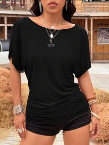 SHEIN EZwear 女款休閒露肩蝙蝠袖T恤，95%棉，Y2K風格，女款休閒，女款夏季，復古，Y2ks，夏季，夏季上衣 - 黑色 - 查看 5