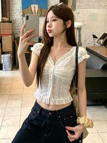 FRIFUL Áo sơ mi nữ dáng ôm, cài một hàng khuy, thêu rỗng, viền bèo nhún. - trắng - Xem 5