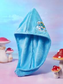 SHEIN X The Smurfs 1Pc Cartoon Embroidered Dry Hair Cap, Blue Sister Pattern Made Of Super Absorbent Material, Suitable For All Hair Volumes And Lengths, Dry Hair Towel - Blue - View 2