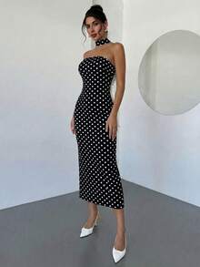 Firerie Đầm nữ lãng mạn hở lưng phối màu tương phản thắt nơ - màu đen - Xem 4