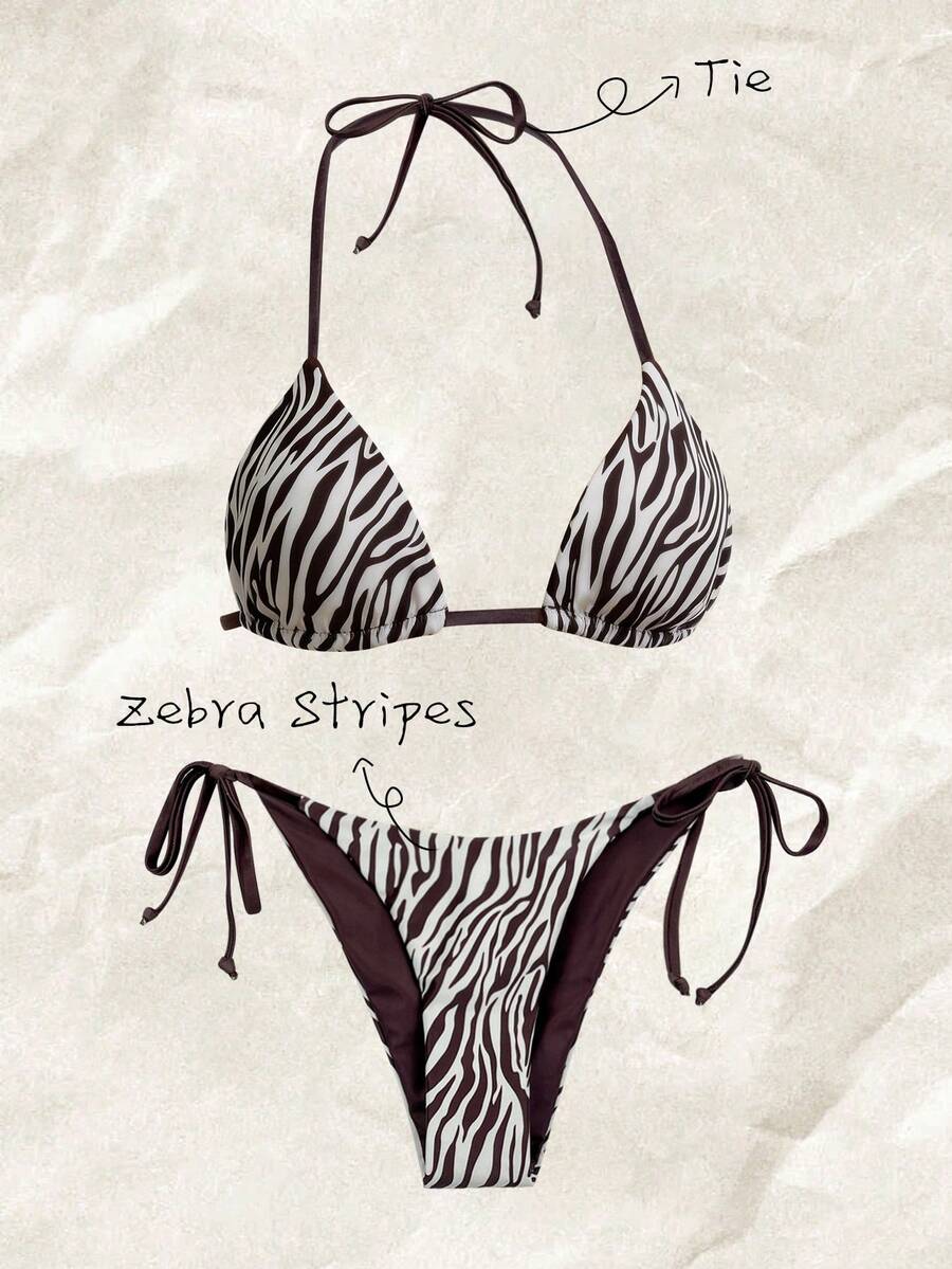 Elavelle Women's Random Print Halter Bikini Set, Spring/Summer Bikinis For Women Sets Bikini Sets Swimwear 2 Piece Set Zebra Bathing Suit Zebra Print Bikini - Multicolor - View 1