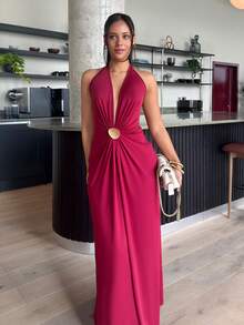 leahseptember Vestido Sólido Tricotado Sem Costas para Mulheres - Vinho - Visão 4