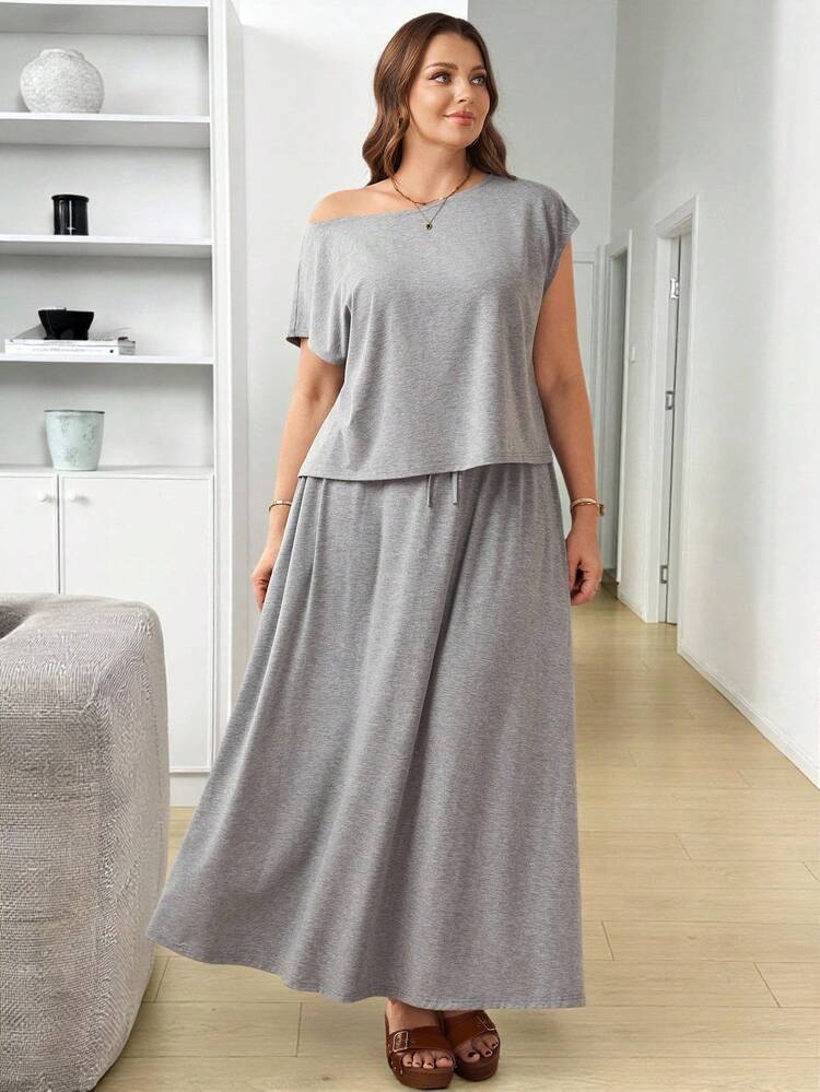 Plus Size Women's Solid Color Asymmetric-Shoulder Short Sleeve T-Shirt And Waist Tie Midi Skirt Casual 2-Piece Set Women's Summer Dresses Women Elegant Outfits Women Casual Dresses Summer Outfits For Women Beach Outfit For Women Casual Vacation Outfits Women Country Concert Outfit Peplum