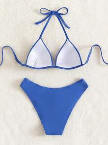 Oceva Set Pakaian Renang Bikini Seksi Wanita Musim Panas Warna Polos Model Halter dengan Cup Keras - Baby Blue - View 2