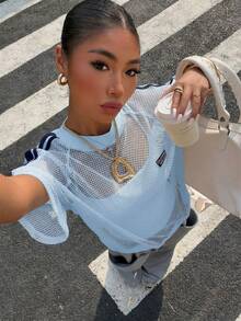 Muchica 女款針織條紋透視網眼T恤，夏季街頭風城市度假大廓形寬鬆網格上衣，Y2K日常通勤穿搭 - 藍色 - 查看 3
