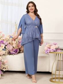 Reflora Bộ đồ 2 mảnh cỡ lớn, màu trơn, phối ren, cổ chữ V, kiểu dáng thanh lịch gồm áo và quần. - Màu xanh lam - Xem 6