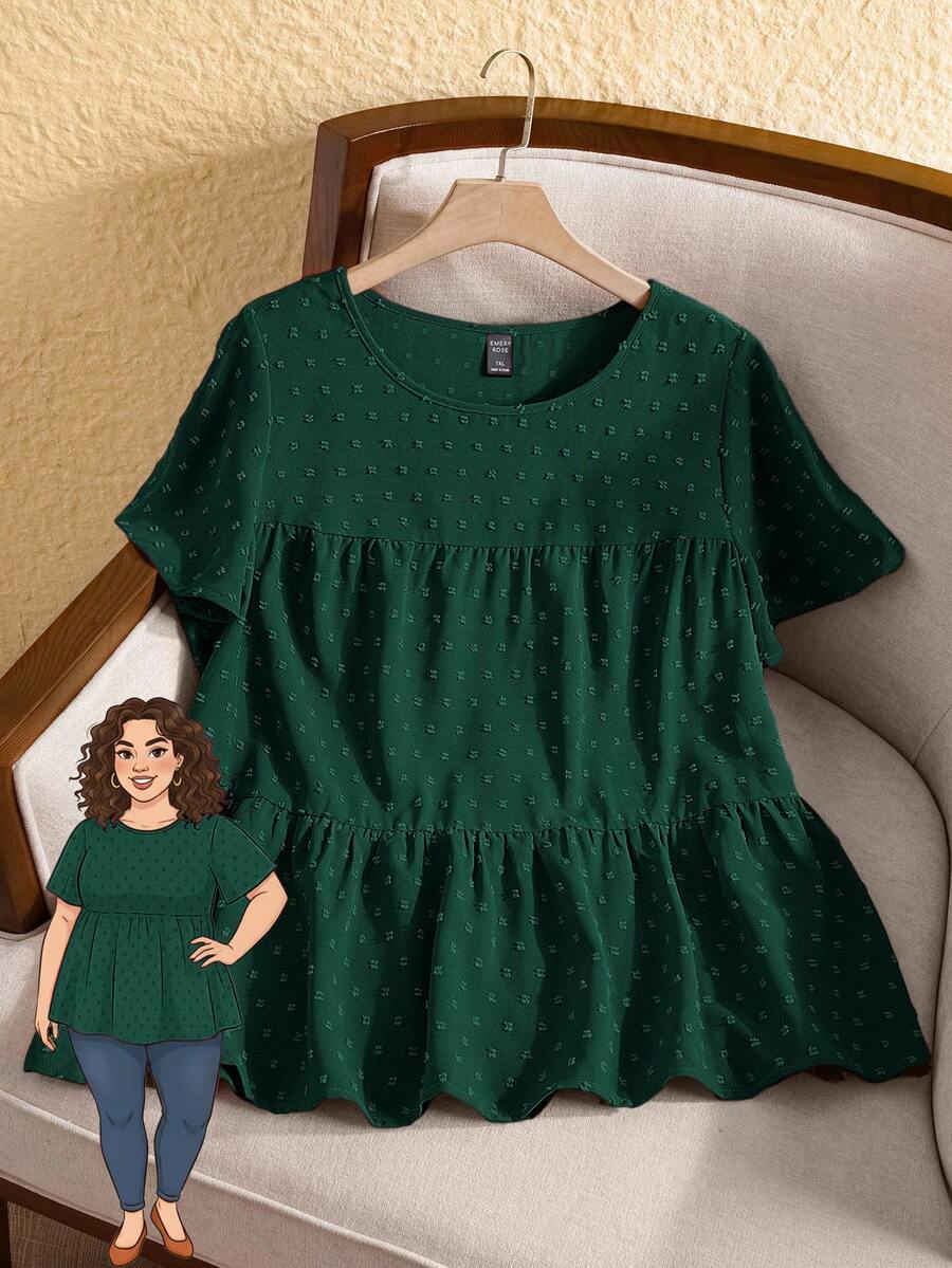 Rusticease Plus Size Women's Solid Color Round Neck Ruffle Short Sleeve Loose Shirt,Boho For Women/Summer,Western Wear Women,Vacation Outfits Woman - Dark Green - View 1