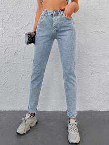 EURMUSE Zipper Fly Mom Fit Jeans - Baby Blue - View 3