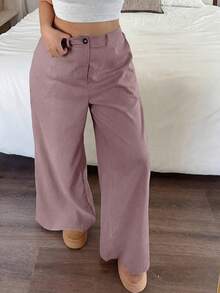 SHEIN PETITE CURVE Solid Color Casual Loose Comfortable Pants - Pink - View 3