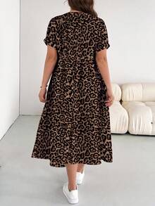 SHEIN CURVE+ Plus Size Casual Vacation Leopard Print Short Sleeve Dress, Coffee Color - Multicolor - View 2
