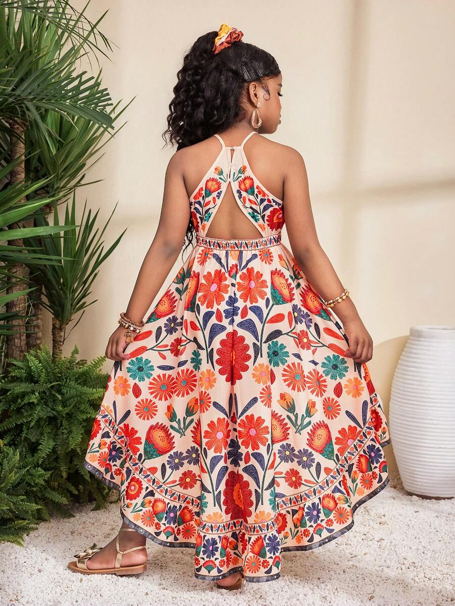 SHEIN 少女碎花印花露背吊带高开衩镂空腰部长款沙滩裙，适合夏季度假穿着 - 藍色 - 查看 1