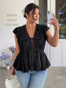 Firerie Plus Size Women's Solid Color Knotted Ruched Casual Elegant Versatile Daily Wear Shirt Date Night Black Summer - Black - View 1