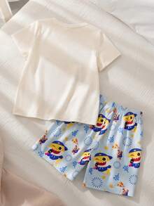 BABY SHARK X SHEIN Young Boy Cartoon Print Short Sleeve T-Shirt And Shorts Pajama Set - Apricot - View 2