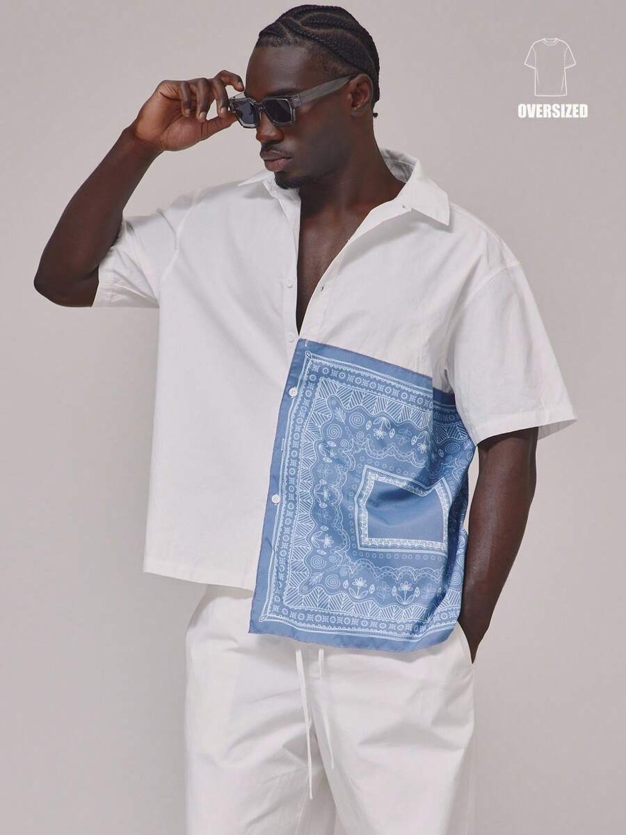 Musero Short Sleeve Oversized Button Through Top Graphic Bandana ...