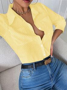 Airaco 休闲领口袋修身白色长袖女式衬衫 - 芥末黃 - 查看 1