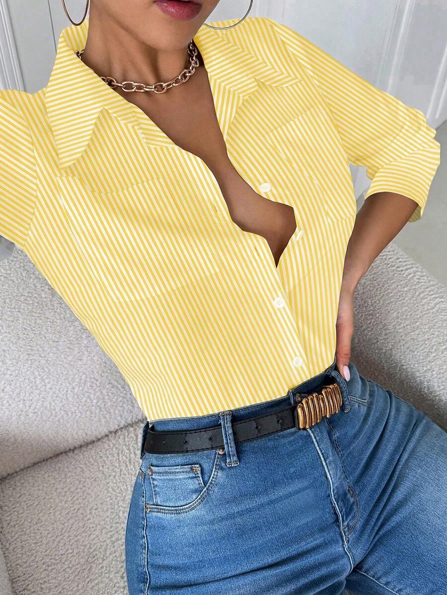 Airaco 休闲领口袋修身白色长袖女式衬衫 - 芥末黃 - 查看 1