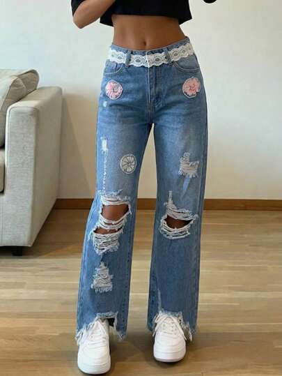 Mezclilla pantalon para  mujer,con flore-liston,rigido,hermoso,comodidad.