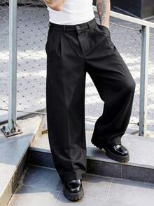 Manfinity Homme Men's Black Suit Pants, Loose Casual Versatile Fashion Suit Trousers - Black - View 3